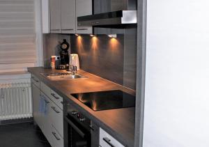 科隆Apartment Köln Weiden的厨房配有水槽和炉灶 顶部烤箱