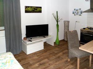 海因斯贝格Ferienwohnung Anke - Apartment 3b的客厅配有白色橱柜上的平面电视