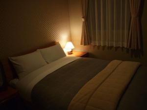 阿苏市阿苏巴瑟背包客酒店的一间卧室配有一张大床和一盏灯