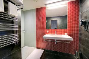 布拉格达尔文酒店及餐厅的浴室设有白色水槽和红色瓷砖