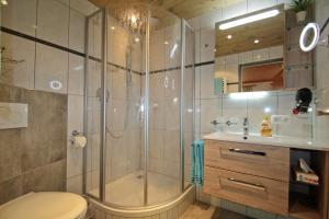 拉姆绍阿莫特宾馆的带淋浴、卫生间和盥洗盆的浴室