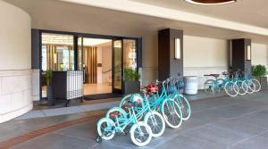 旧金山佐伊渔人码头酒店的停在大楼里的一群蓝色自行车