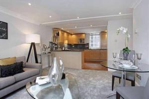 伦敦Heart of Mayfair - Stunning Apartment的客厅配有沙发和桌子