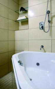 弗里代克-米斯泰克菲伊德米斯泰克非洲酒店的带淋浴的浴室配有白色浴缸。