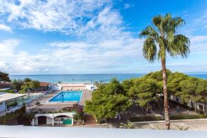 斯卡莱阿圣塔卡特林纳乡村俱乐部酒店的享有度假村的空中景致,设有游泳池和棕榈树