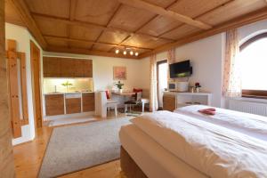 斯拉德明特林克尔乡村酒店的一间带一张床和一张书桌的卧室和一间厨房