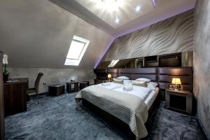 凯奇凯梅特Royal Apartments Hotel Kecskemét的一间卧室设有一张大床和天窗