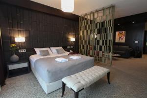 内格雷什蒂瓦什Hotel Orhideea的一间卧室配有一张床、一张沙发和一把椅子