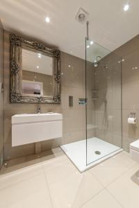 布罗德斯泰Suites at number Ten的一间带水槽、淋浴和镜子的浴室