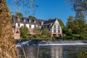 哈默尔堡Neumühle Resort & Spa的河边的大房子,有瀑布