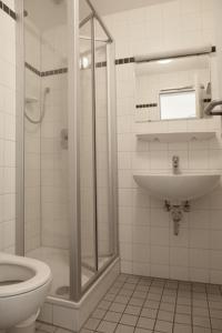 弗莱堡弗赖堡朱根赫伯格酒店的带淋浴、卫生间和盥洗盆的浴室