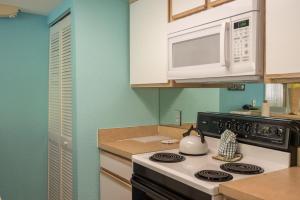 基韦斯特Sunrise Suites Jamaica Suite #102的厨房配有炉灶和微波炉。