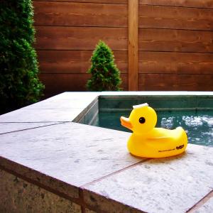 那须町拉波特罗纳芳香花园别墅的坐在游泳池旁桌子上的黄橡皮鸭