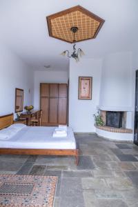 桑加拉达Pilio Sea Horizon Hotel的一间卧室配有一张床和一个壁炉