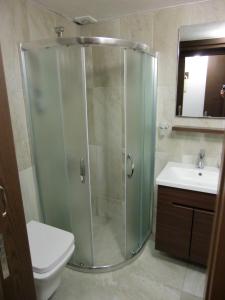 达利安快乐科圆旅馆的带淋浴、卫生间和盥洗盆的浴室