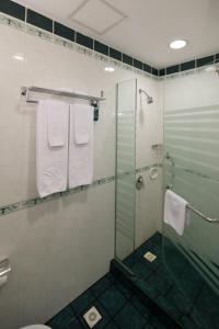 河内河内阳光之路酒店的带淋浴、卫生间和毛巾的浴室