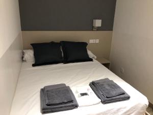 马德里马德里阿托查旅馆的一张带黑色枕头的床和毛巾