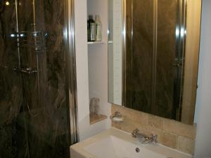 欧克汉普敦Middletown Farmhouse B&B的一间带水槽、淋浴和镜子的浴室