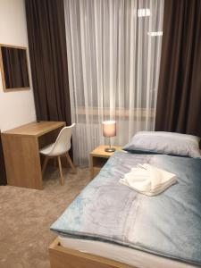瓦赫河畔比斯特里察博特酒店的一间卧室配有一张床、一张书桌和一张书桌