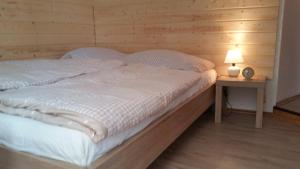 萨尔茨堡宾得豪索度假屋的木房的一张床位,桌子上有一盏灯
