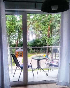 尤斯托尼莫斯基Apartament Ku Morzu II Ustronie Morskie的享有带桌椅的庭院的窗户