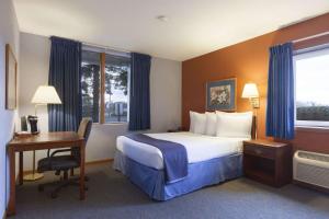 圣克劳德圣克劳德旅程住宿的酒店客房设有一张床、一张书桌和窗户。