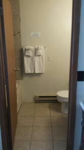 费尔普莱Western Inn Motel & RV Park的一间带卫生间的浴室和墙上的毛巾