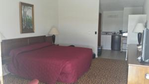 费尔普莱Western Inn Motel & RV Park的一间在房间内配有红色床的卧室