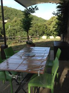 萨里索伦札拉villa chez marie Meuble tourisme 3 etoiles的院子里的一张带绿色椅子的木桌