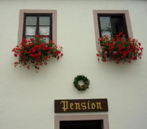 捷克克鲁姆洛夫普拉斯维卡119宾馆的两扇窗户,上面有红色的花朵和建筑上的标志