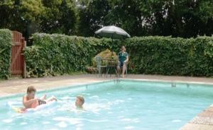 怀托摩洞穴萤火虫汽车旅馆的3名儿童在带遮阳伞的游泳池游泳