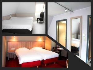 WelkenraedtLa Couronne的配有2张床和镜子的酒店客房的3张照片