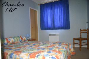 丰罗穆玛莫特公寓的一间卧室配有床和蓝色窗帘
