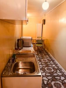 蓬塔阿雷纳斯Hotel Yellow Submarine的厨房配有不锈钢水槽和桌子