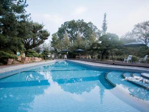 埔里绿庄飞阁渡假会馆的一座蓝色瓷砖的大型游泳池