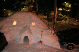 白马村白马村桑塔纳住宿加早餐旅馆的夜间街道边的雪冰屋