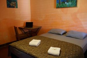 格拉纳达阿卡德诺旅馆的客房设有一张床和一张带笔记本电脑的桌子