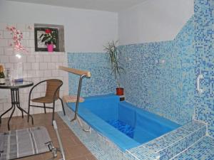 上马尔绍夫Pension Lípa的一张桌子,房间里有一个蓝色的浴缸