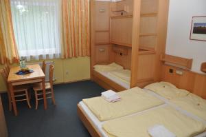 萨尔茨堡爱德华海因里希屋旅舍的客房设有两张床、一张桌子和一张书桌。