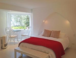 奥波蒂基Ohiwa Seascape Studios的一间卧室配有一张带红色毯子的床和窗户。