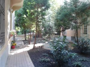 布达佩斯莉莉公寓 的一座种植了树木的花园,旁边是一条人行道