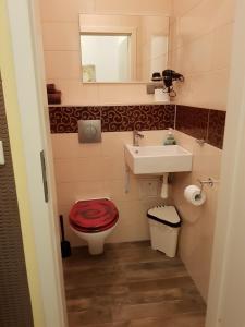 巴特洪堡市中漫步酒店的一间带红色卫生间和水槽的浴室