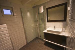 BleikBleik Sea Cabins的带淋浴、盥洗盆和镜子的浴室