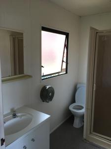 奥克兰埃文代尔汽车公园露营地的一间带卫生间、水槽和窗户的浴室
