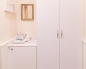 布拉格安盟酒店的白色的厨房配有白色橱柜和水槽