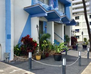 檀香山Holiday Surf Hotel (with full kitchen)的一座蓝白色的建筑,前面有植物