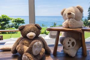 盐寮海月海景民宿的两只泰迪熊坐在桌子上,背靠大海