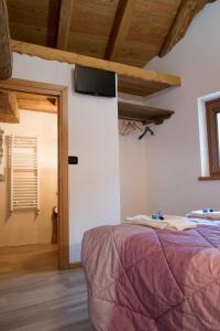 圣皮埃尔B&B Lo VAN - Camere al Verde Villaggio di Rumiod的卧室配有一张床,墙上配有电视。
