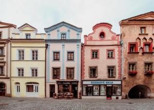帕尔杜比采Penzion Víno Hruška Pardubice的城市街道上的一群建筑物