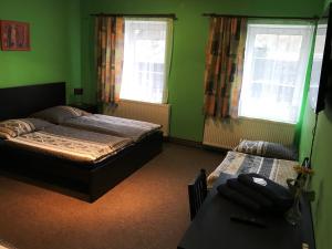 罗兹瓦多夫Penzion Fáfa的绿色卧室设有床和2个窗户